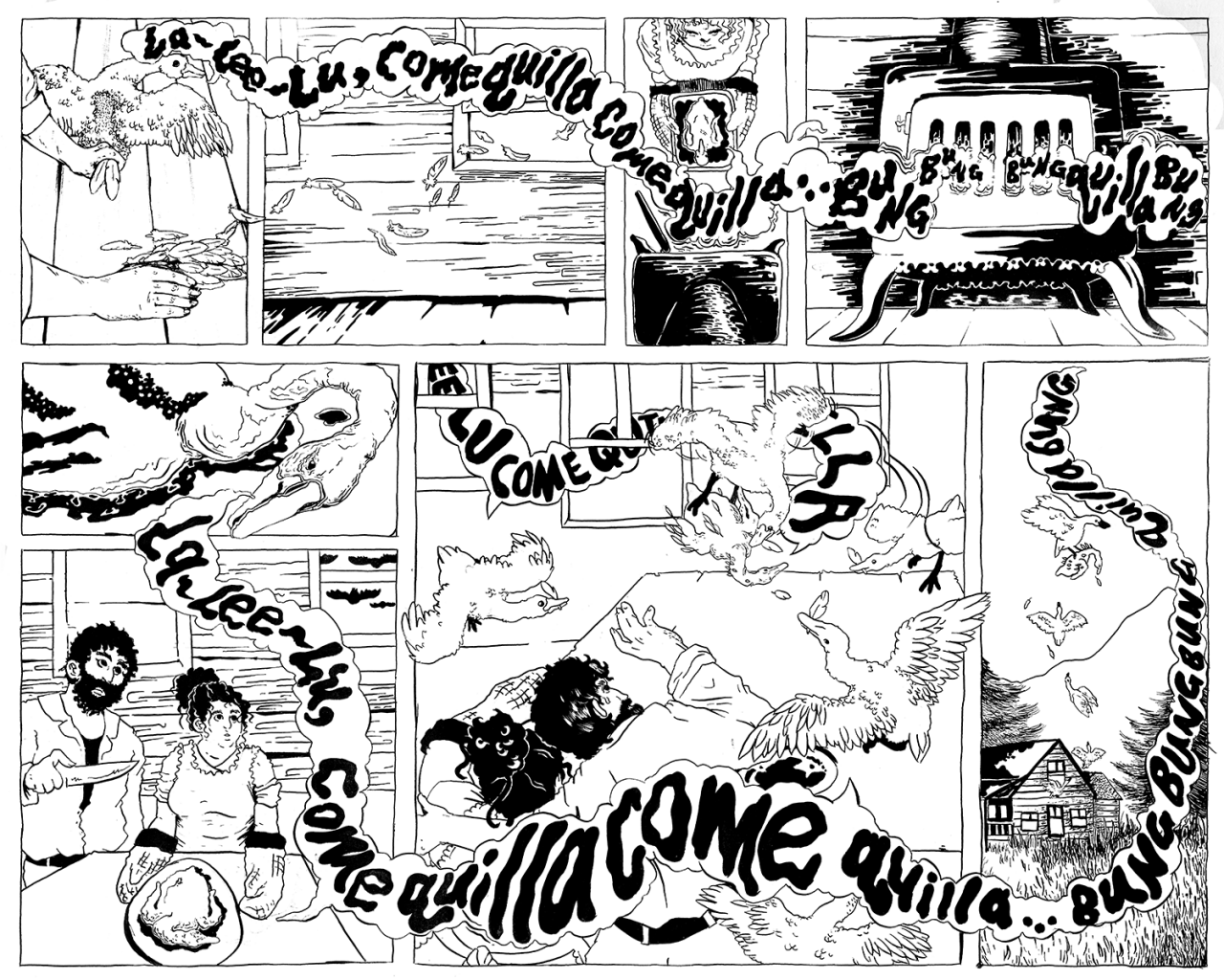 An inked comic page depicting the fable of a goose. 