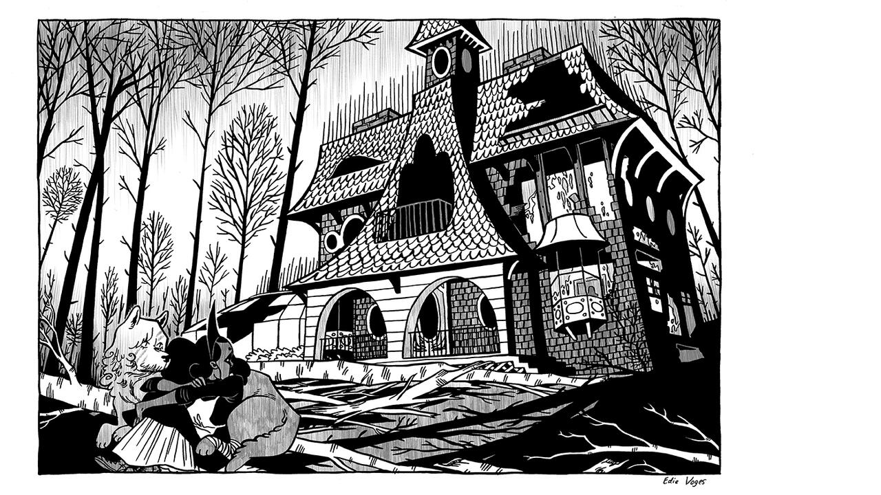 Comic panel of three characters crouching outside a spooky abandoned house.