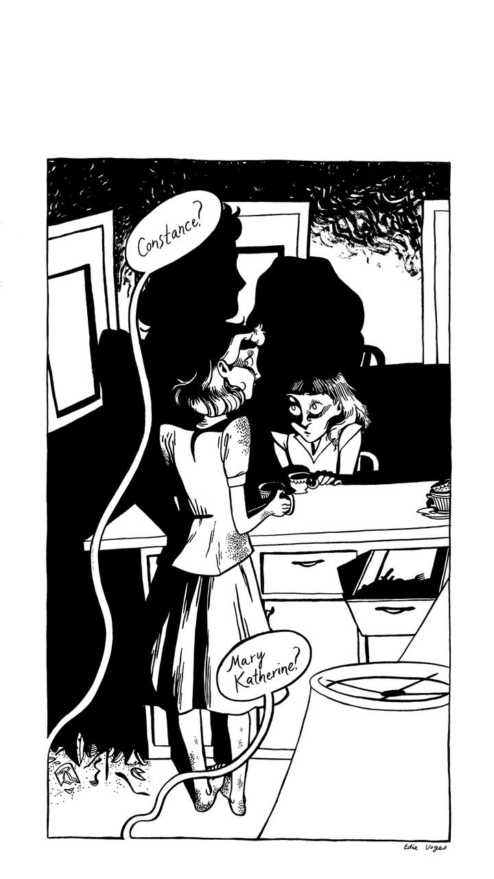 Comic panel of two characters sipping tea, but becoming fearful at the sound of their names being called.