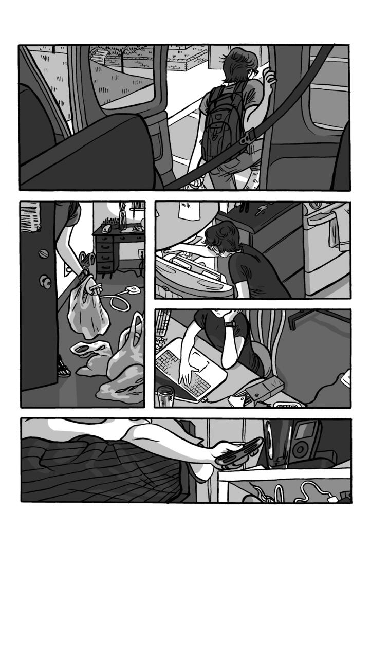 Comic page of student after school, getting snacks and working on the computer.