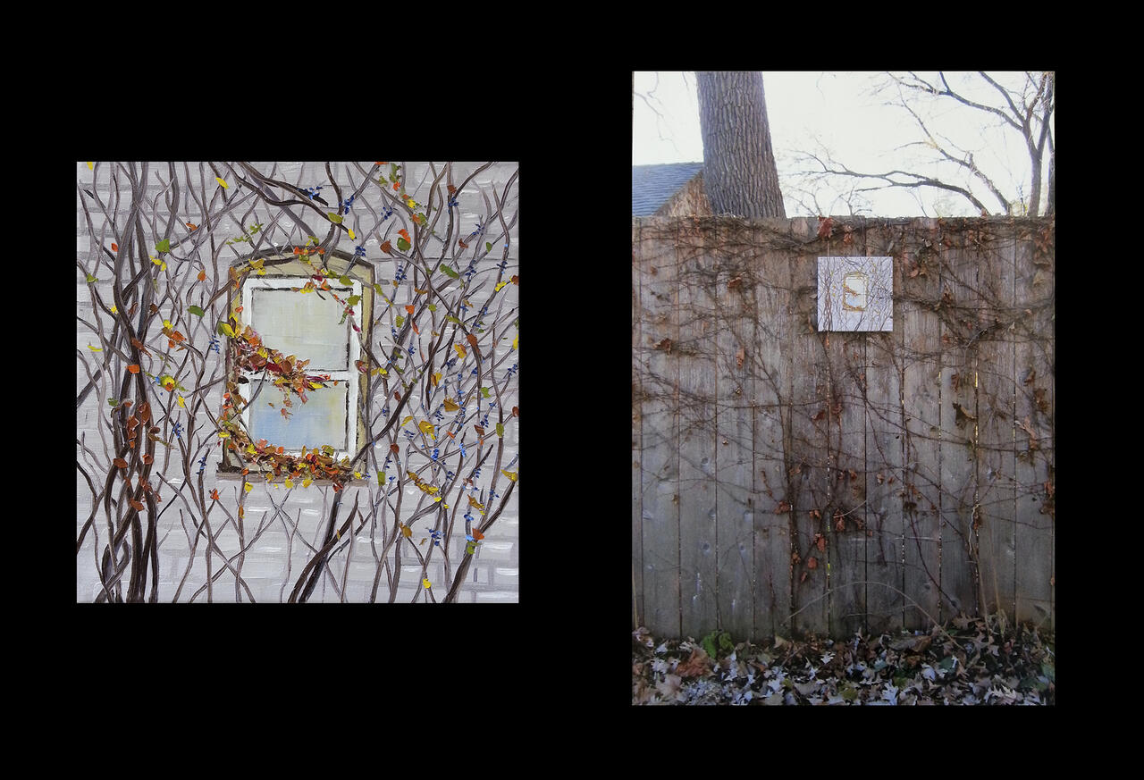 Dual photograph of a painted window and the painting exhibited on a fence.