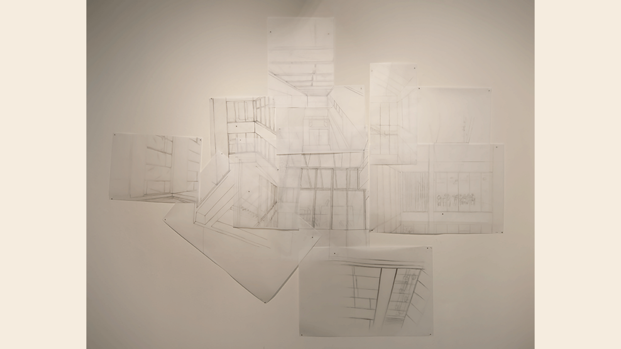 Multiple graphite perspective drawings layering on top of each other