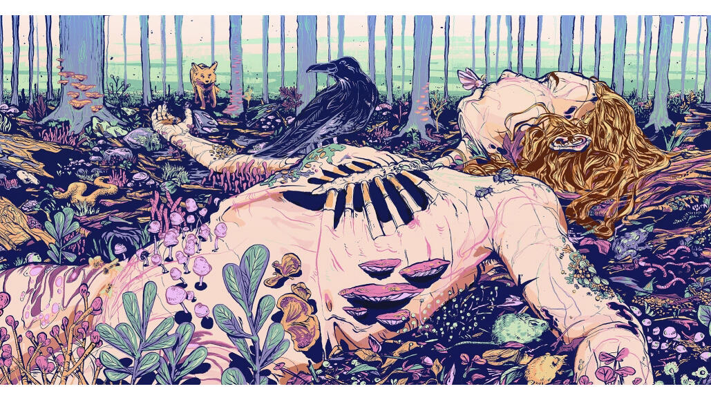 Illustration of a human body decaying and becoming the playground for nature