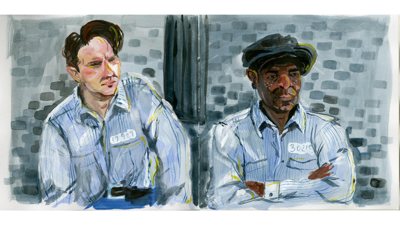 Sketchbook spread painting of two person wearing uniforms