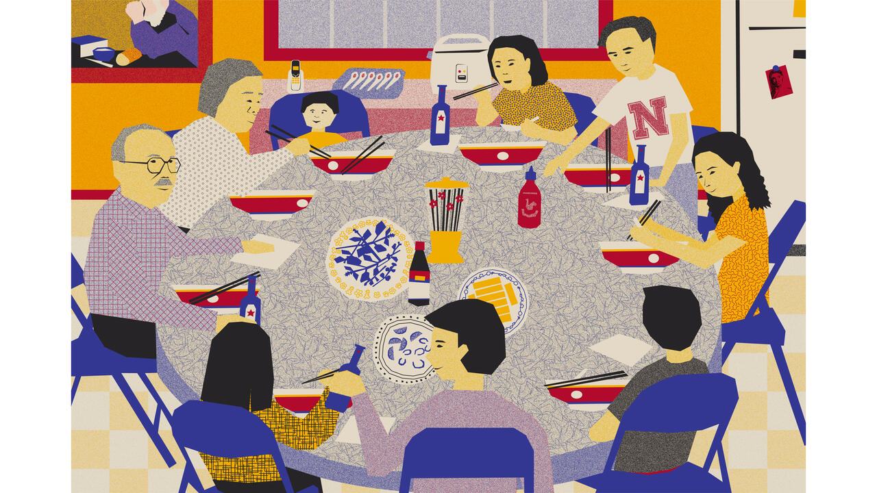 Artwork of a family dinner at a round table