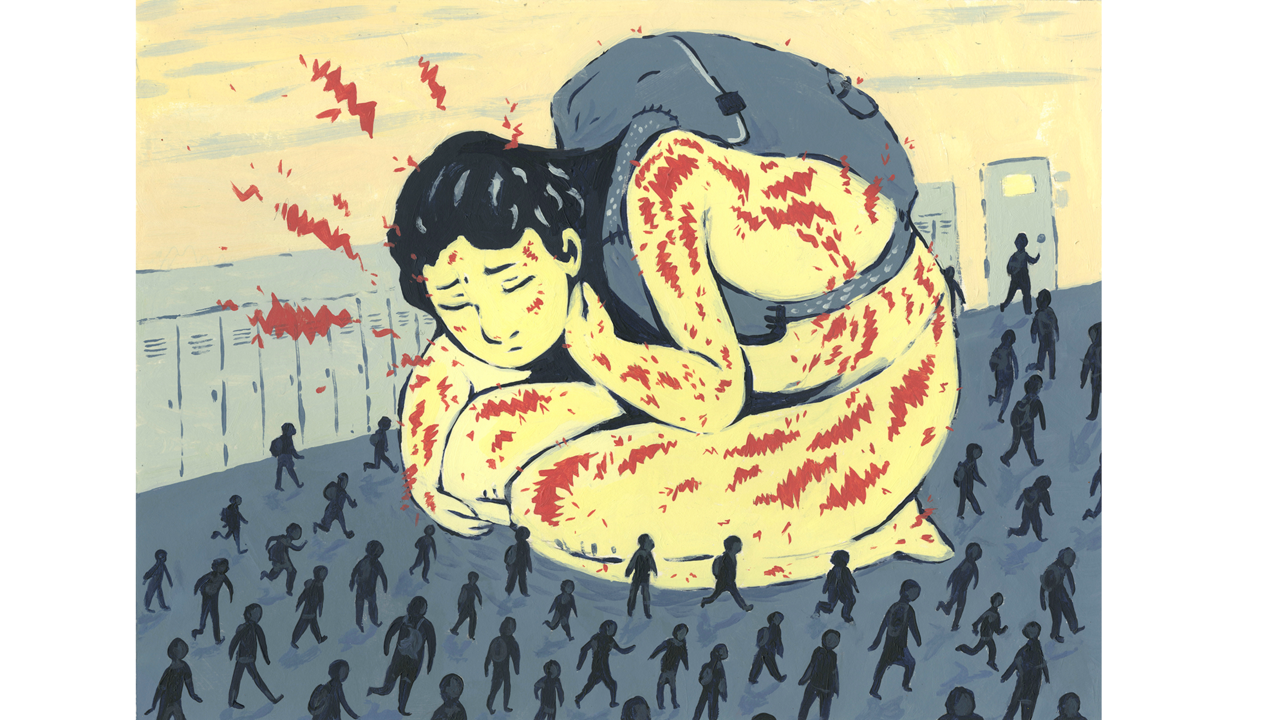 illustrated painting of a figure crouching at the school hallway