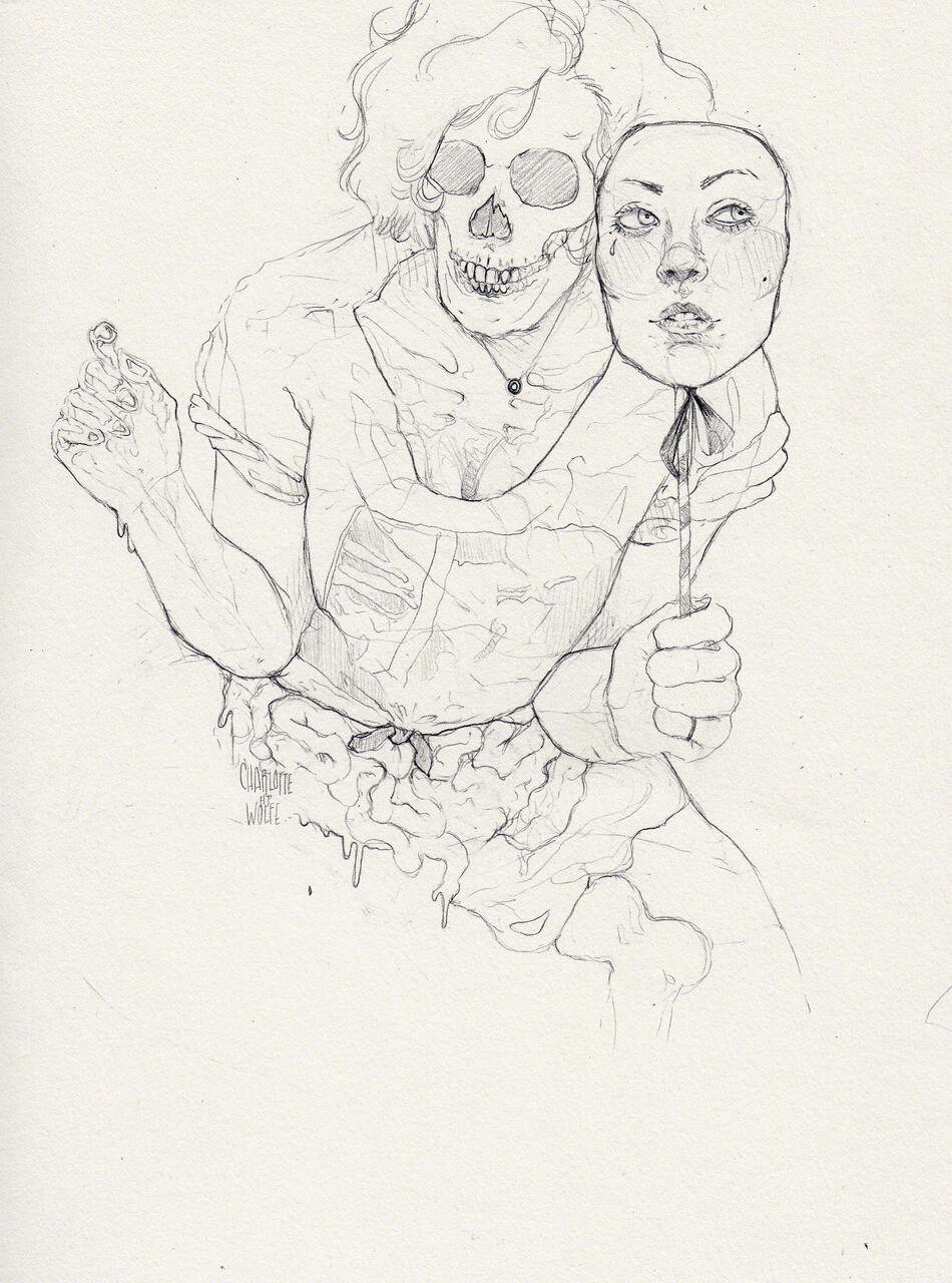Drawing of a skeleton disguised behind a human face mask. 