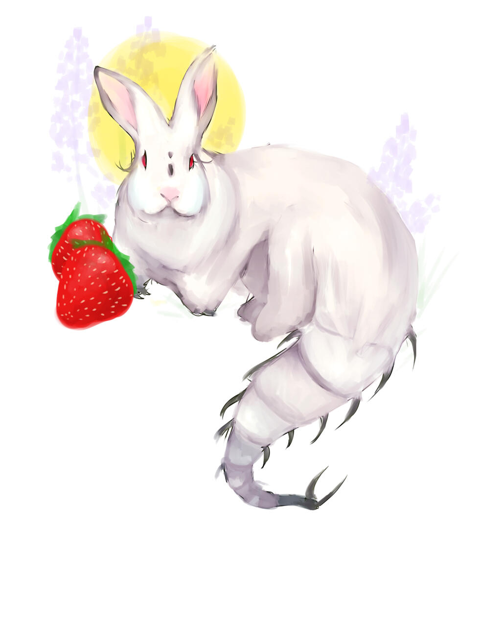 Colorful portrait of a rabbit variation with red eyes that match its strawberry meal.