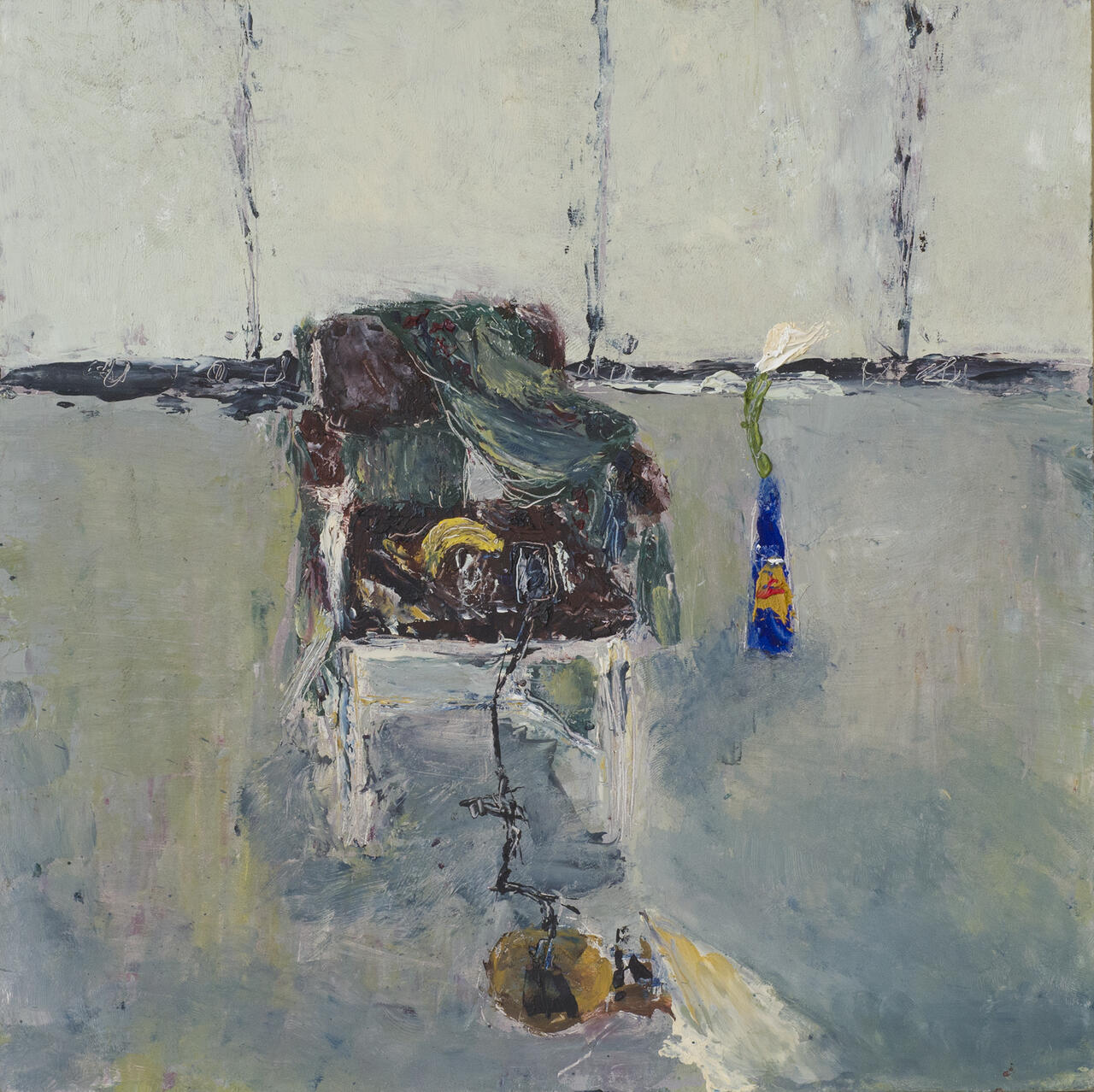 Painting subjecting a chair with piled high fabric and a bottle sitting beside it.