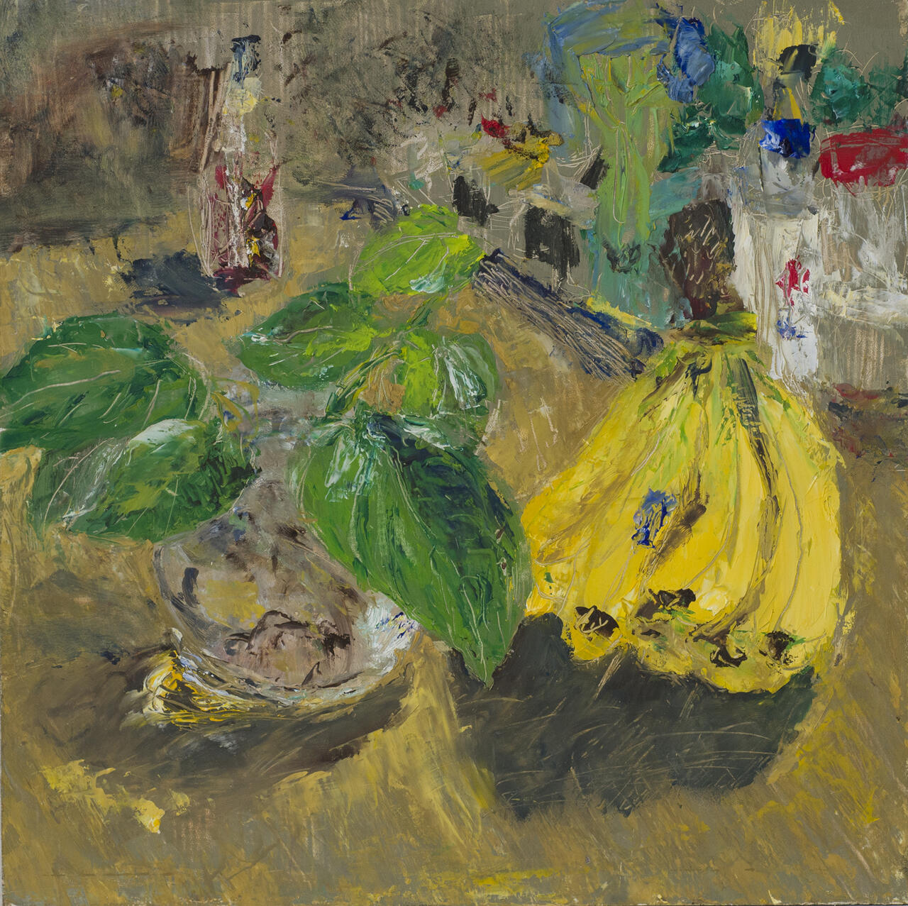 Brightly colored painting of a still life featuring a plant and bananas.
