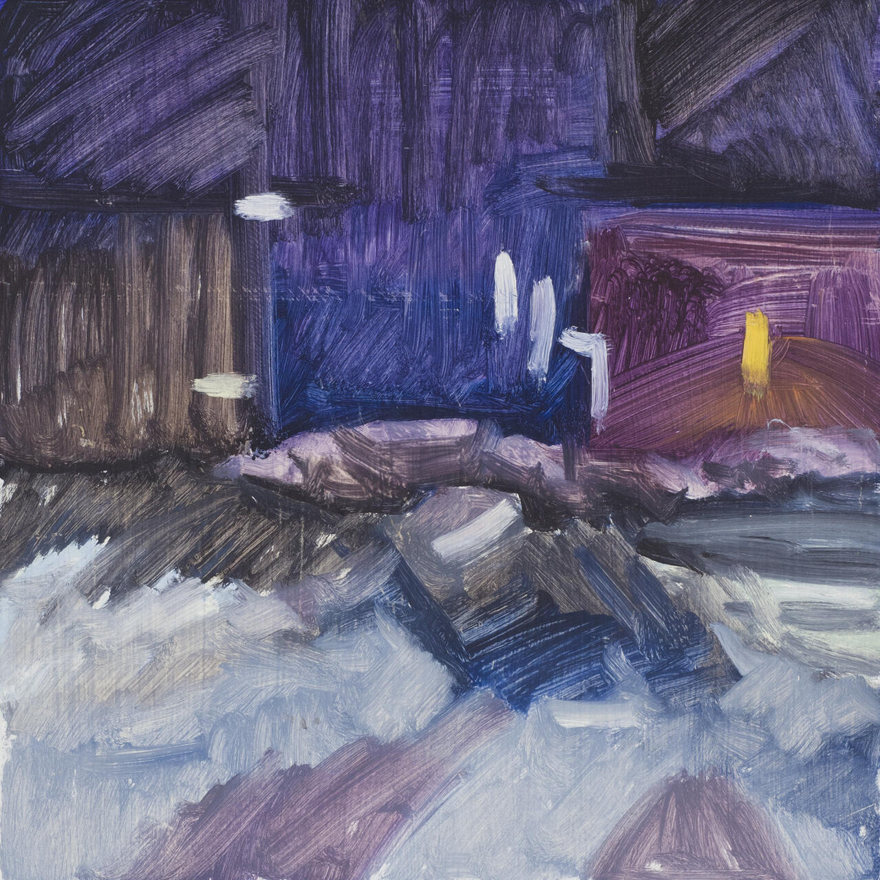 Textural painting of buildings in the evening, set against a purple and blue sky.