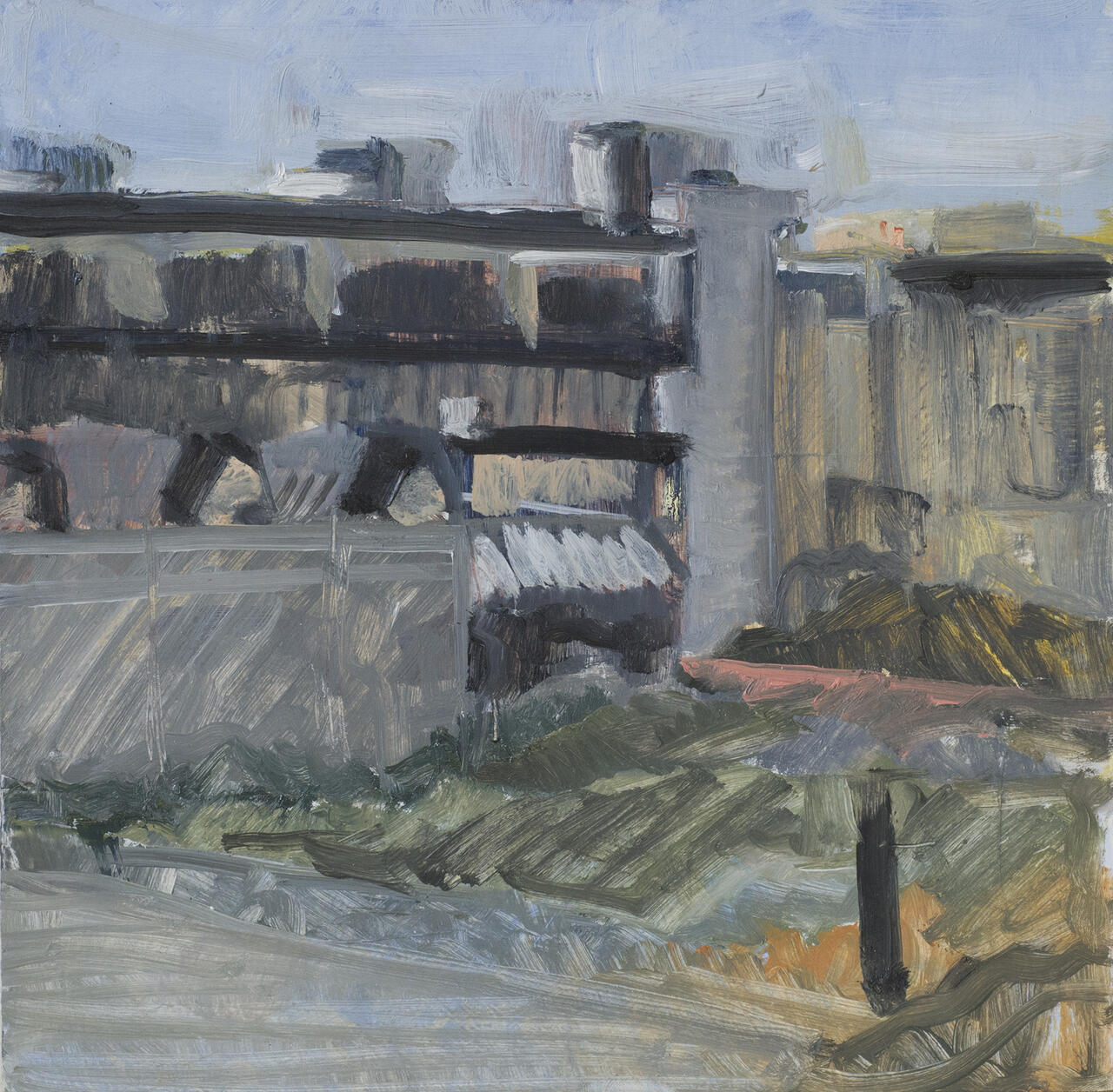 Textural painting of buildings during the daytime.