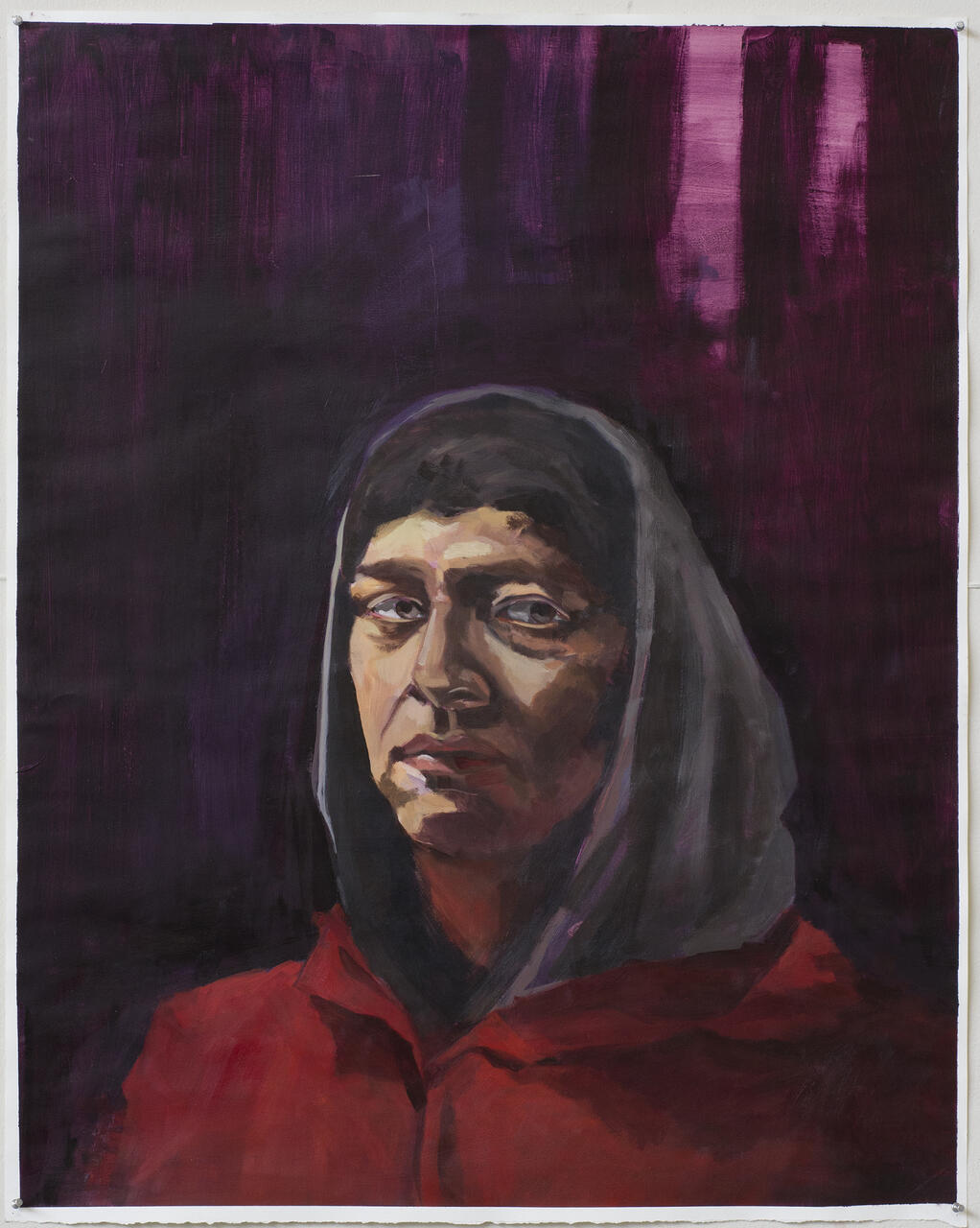 Portrait of artist set with a deep purple and magenta background. 