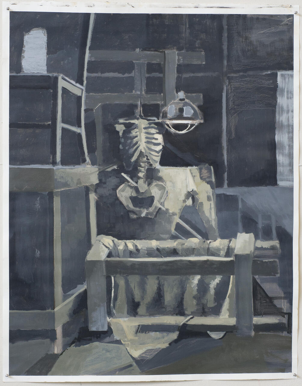 Still life painting emphasizing a skeleton in the center of the composition.