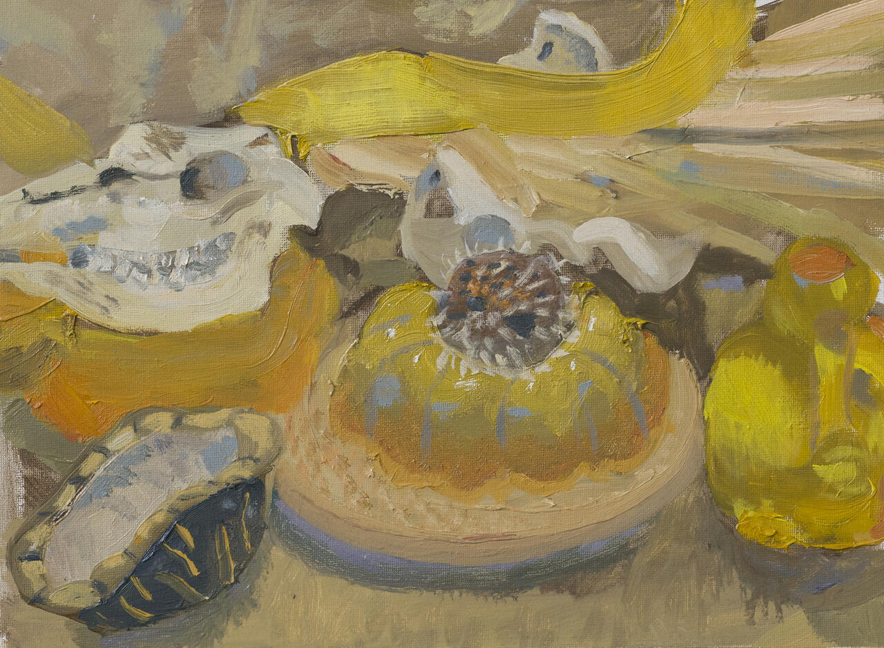 Closely set still life painting rendered in shades of yellow.