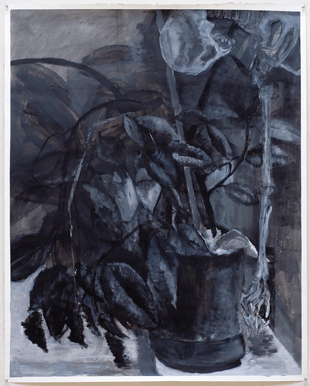 Mixed media drawing of a still life in shades of cool gray.