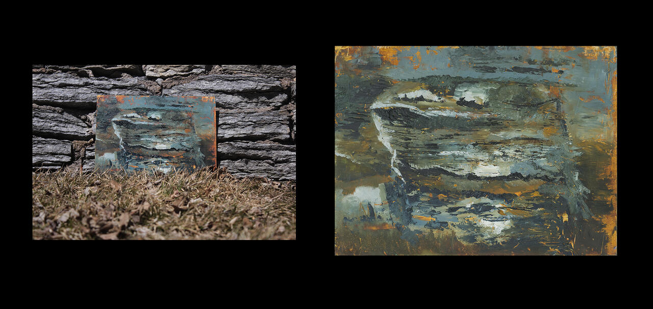 Oil painting of teal and gold shades and photograph of painting presented against rocks.