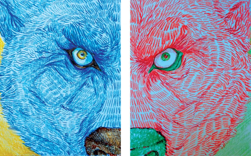 Colorful wolf diptych by Kiera Joseph. 