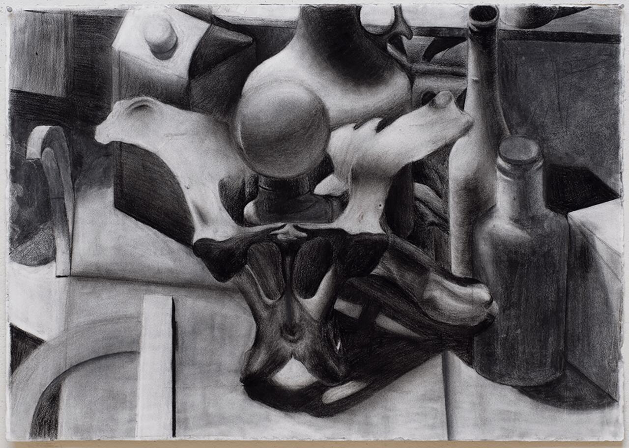 Multivalued still life drawing featuring soft, curving objects.