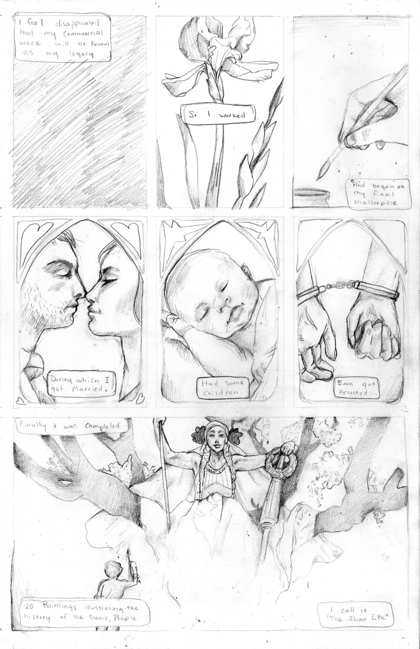 Graphite rendered comic page detailing the biography of Alphonse Mucha. 