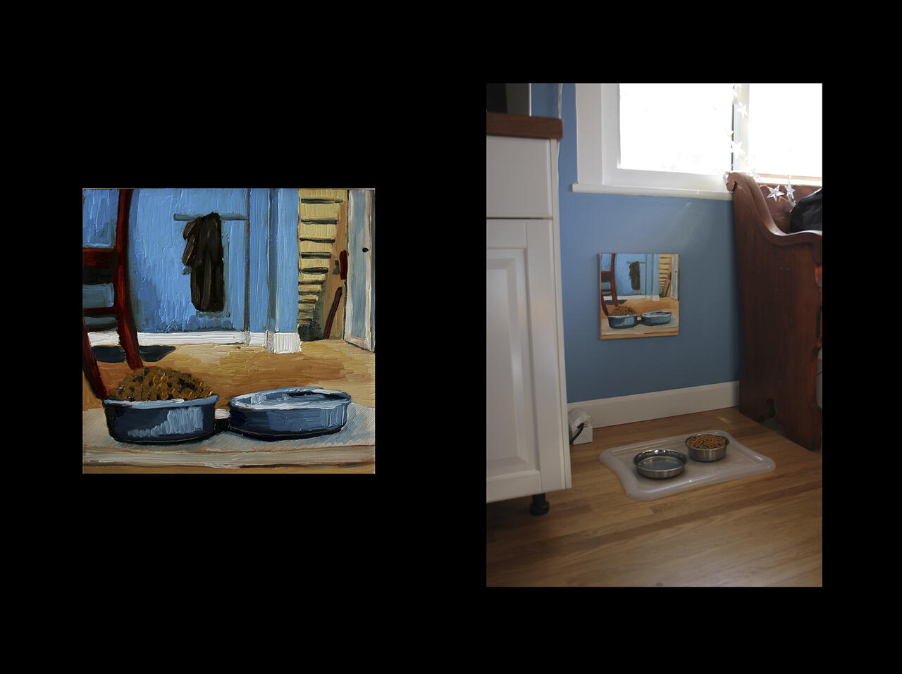 Dual photograph of an animal feeding bowls painting and the painting hanging above the bowls.