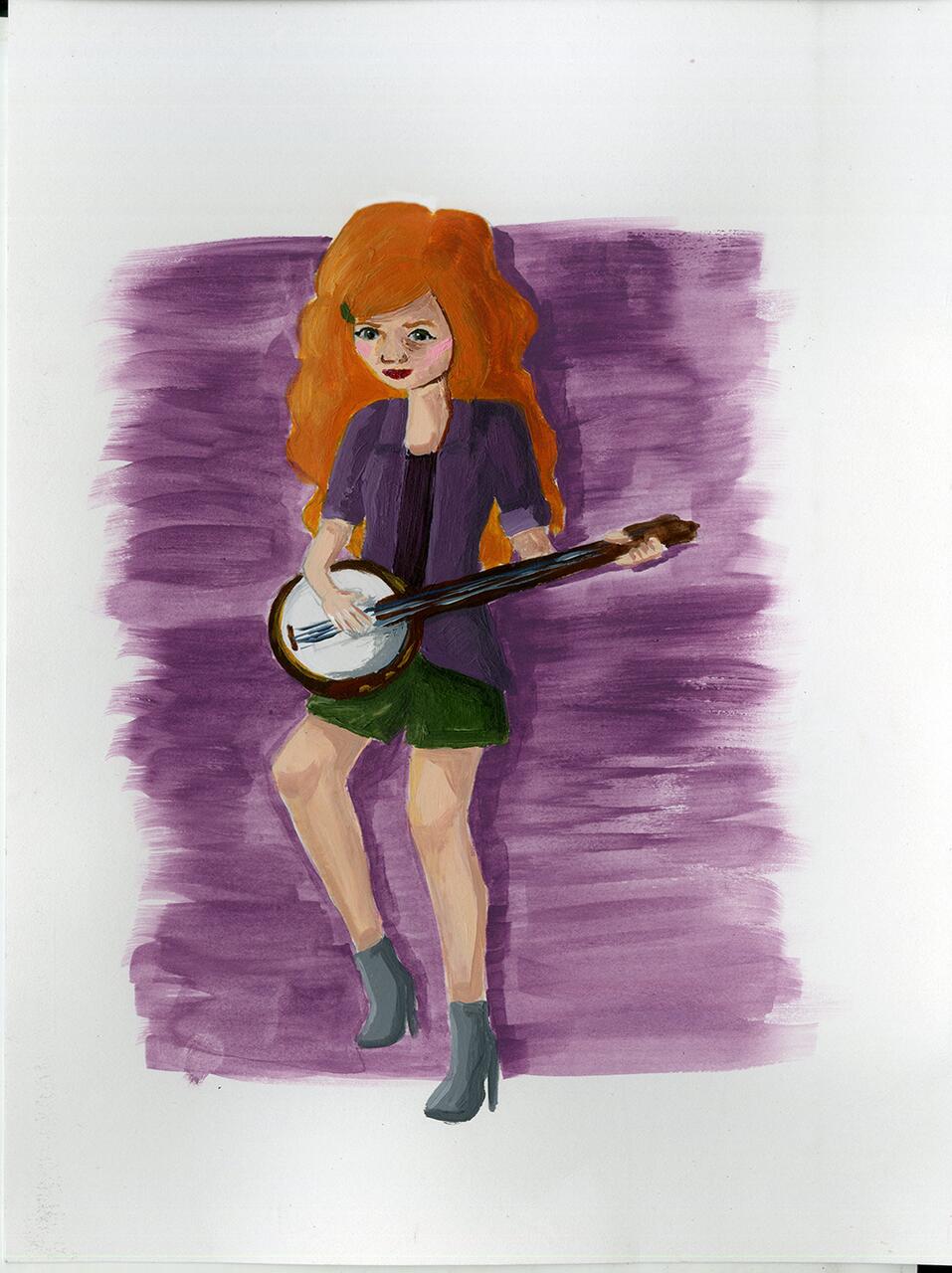 Painting of figure playing banjo set against a purple background.