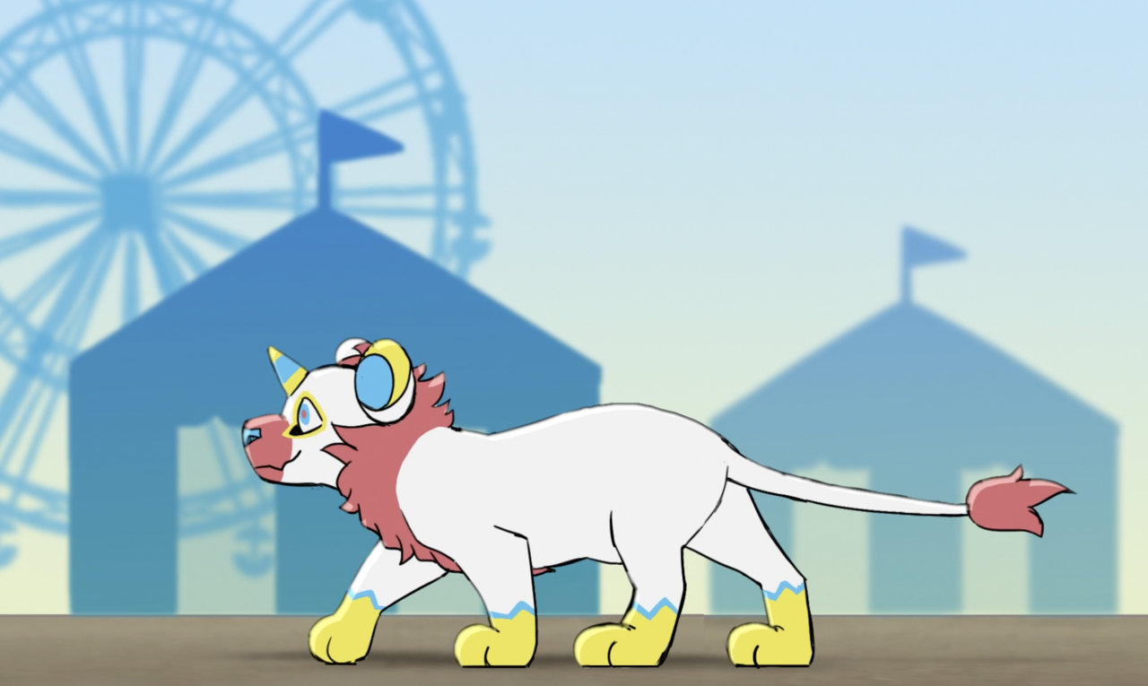 Walk cycle animation of a white and primary colored circus lion.