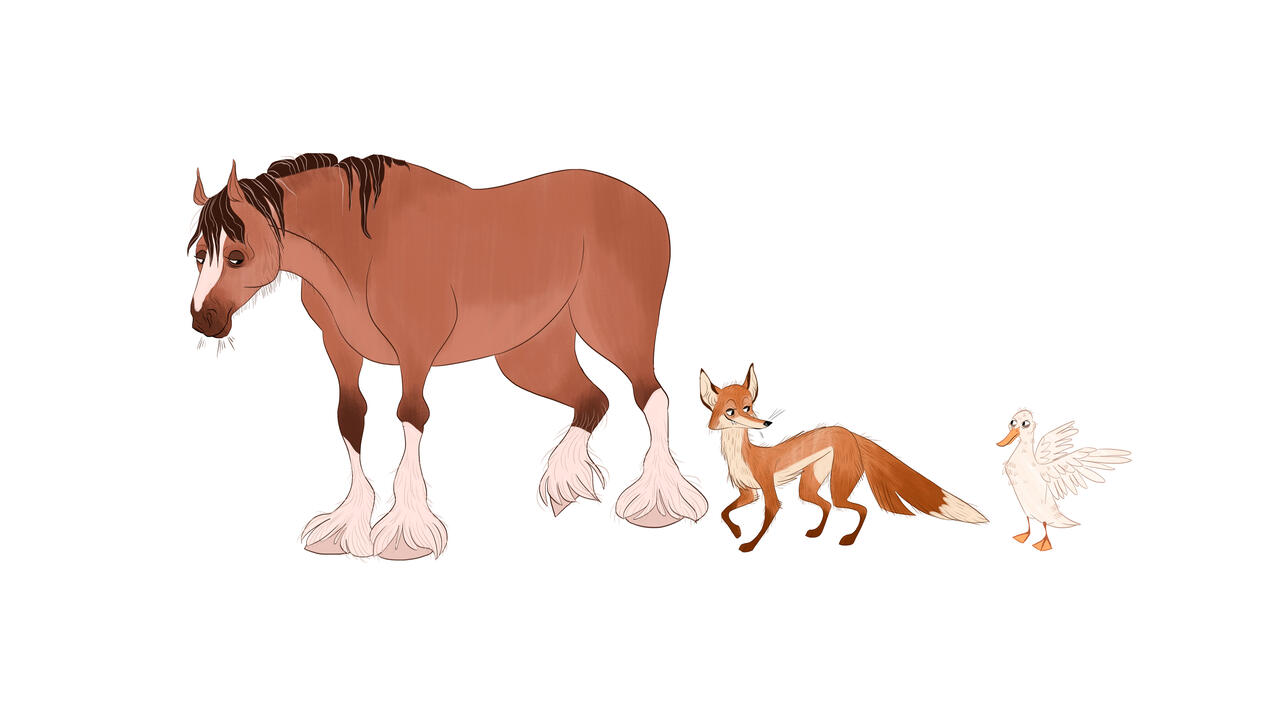 Animal character design for a horse, fox, and duck.