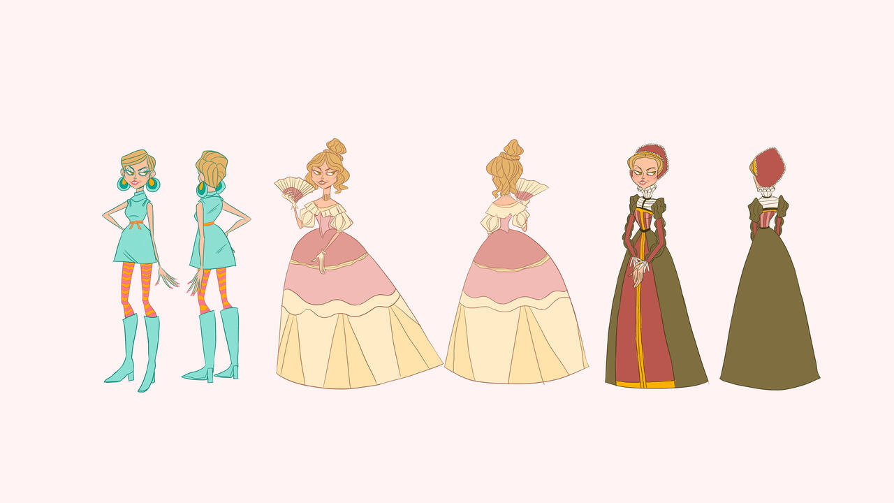 Original character dressed in different costumes for iconic decades.