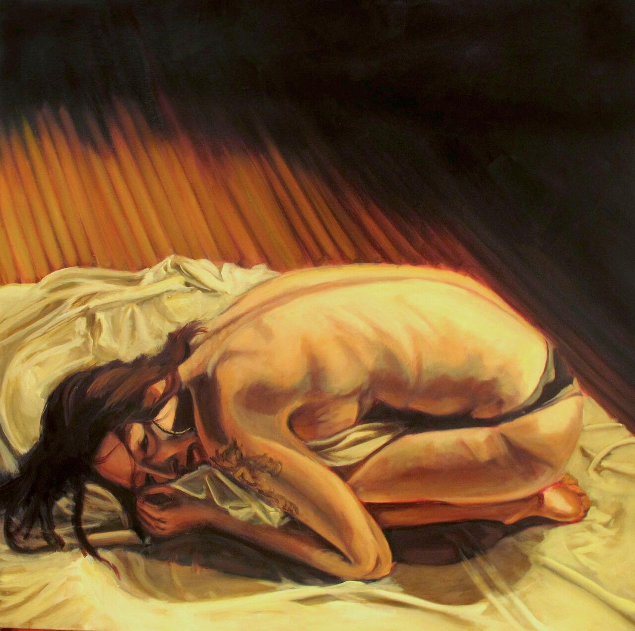 Warmly colored drawing of a naked, crouching figure, clutching to fabric on the floor.