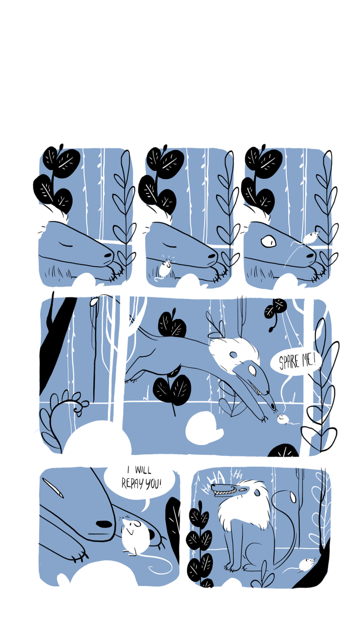 Fable of lion and mouse adapted into a comic page with blue background panels.