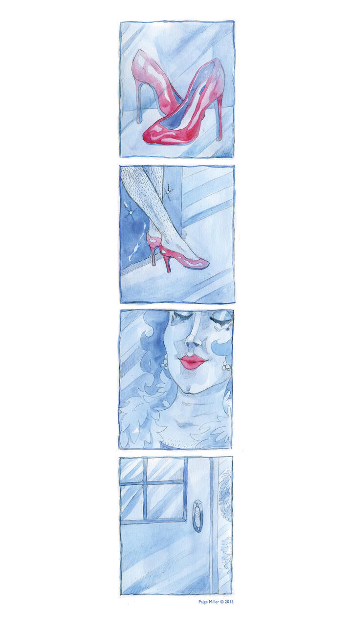 Vertically aligned comic page of a woman figure admiring red heels. 