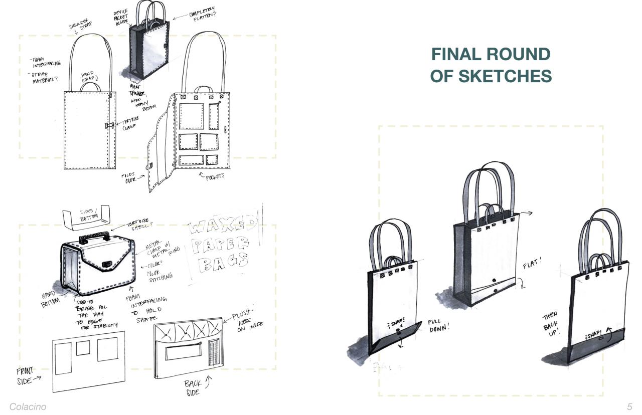 Final product and process work for newly designed laptop bag.