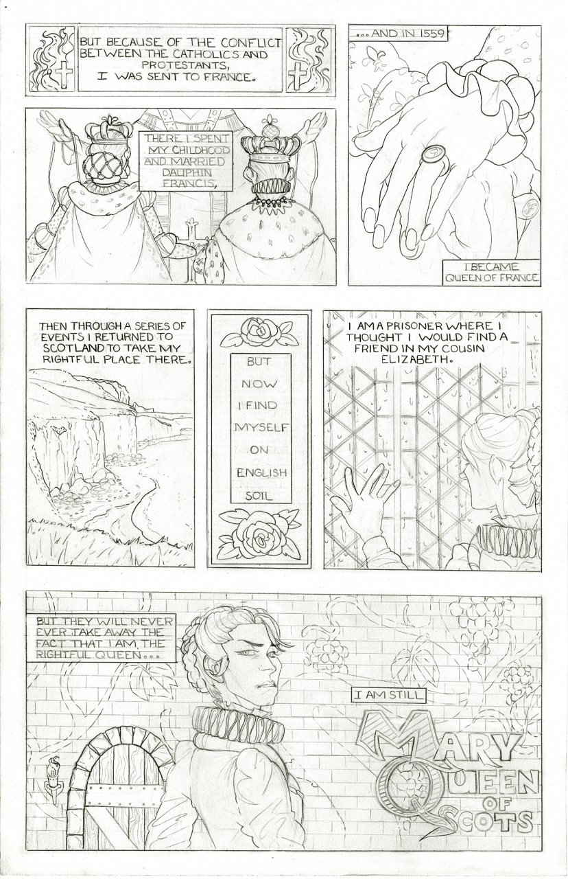 Graphite rendered comic page detailing the biography of Mary Queen of Scots.