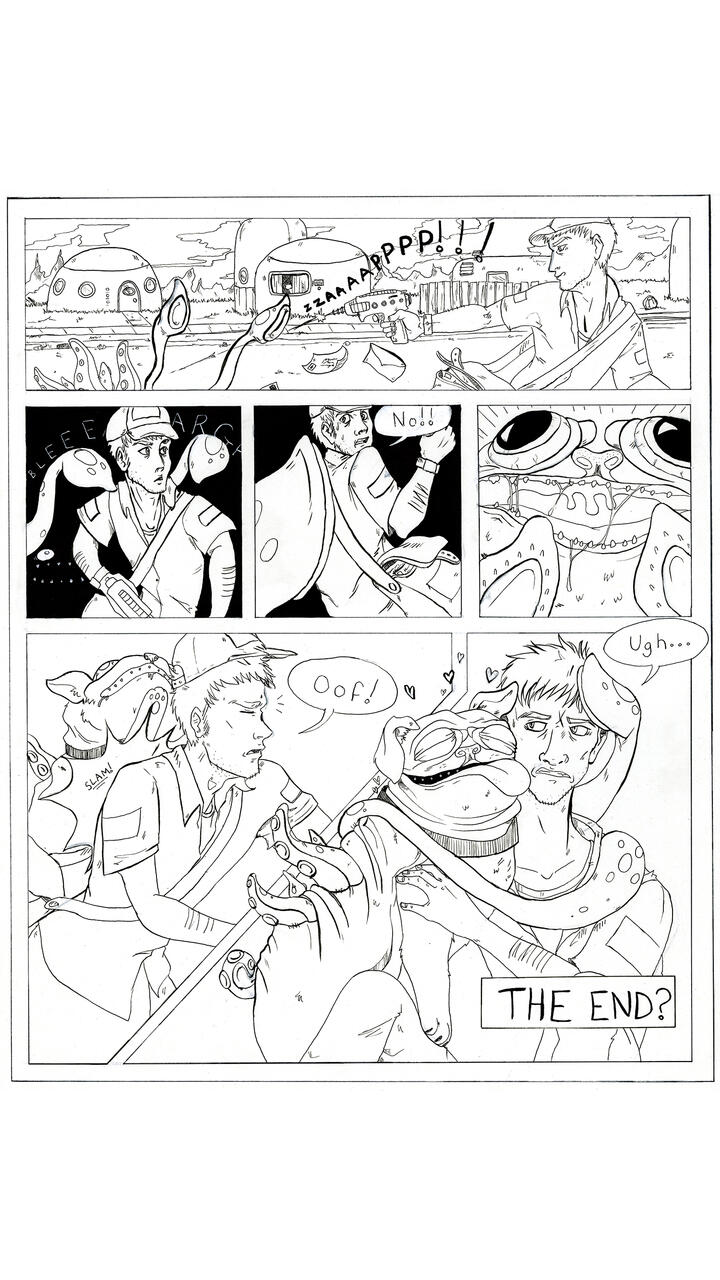 Inked comic page of a human making friends with an alien dog. 