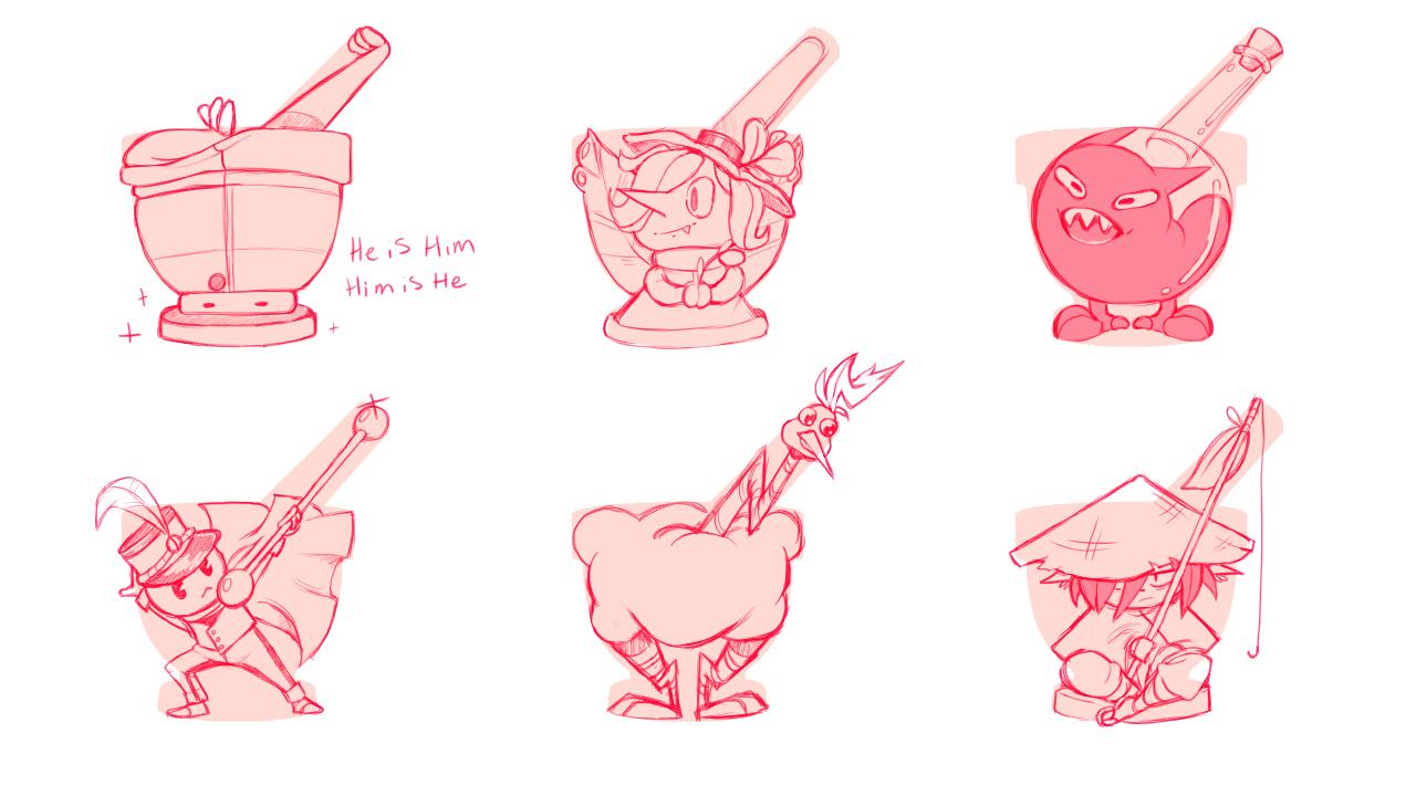 Six character designs shaped to fit silhouettes of a mortar and pestle.