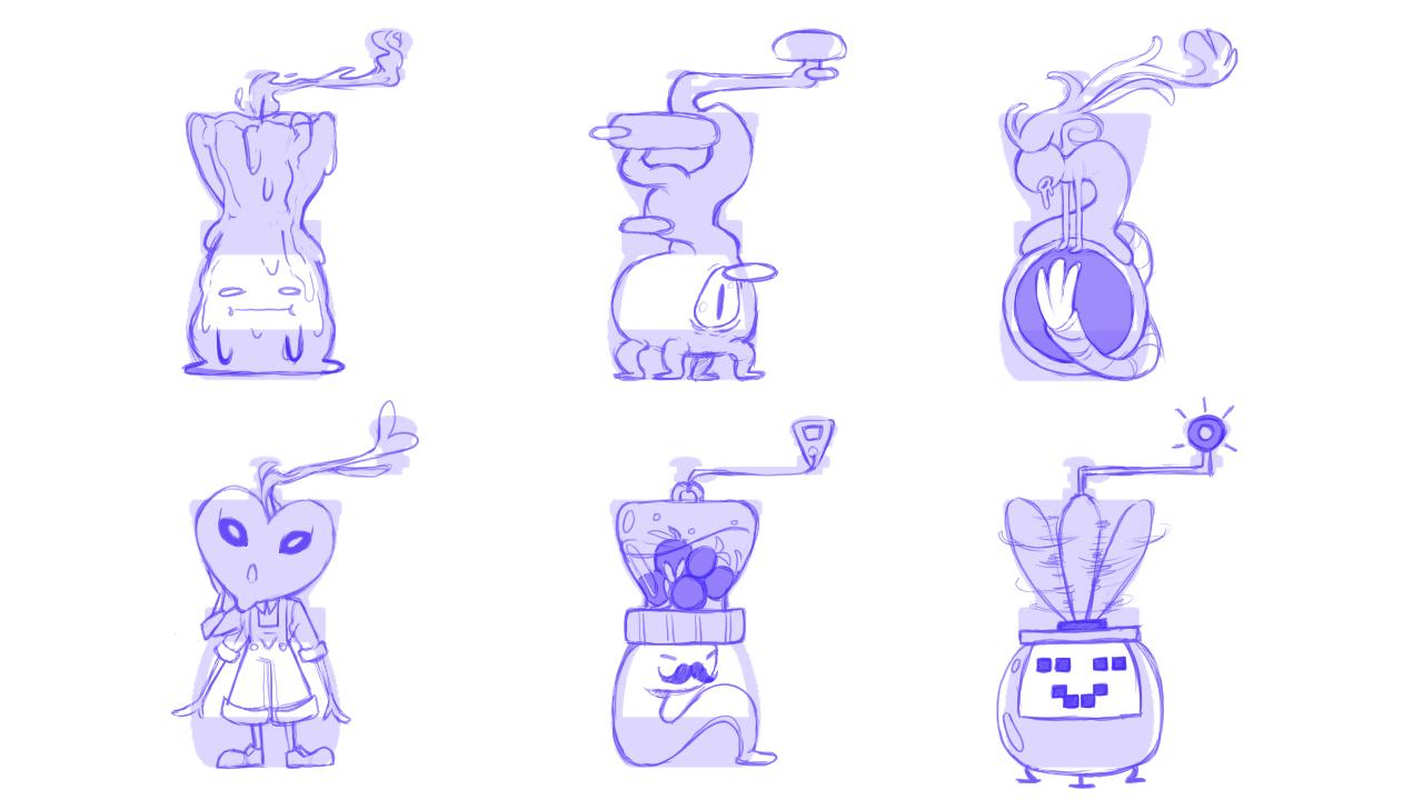 Six character designs shaped to fit silhouettes of a crank-able coffee grinder. 