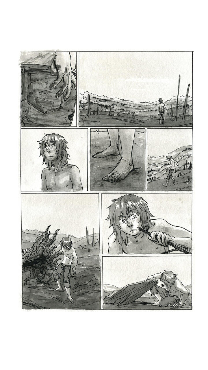 Multivalued comic page of a figure searching the dirt for a plant.
