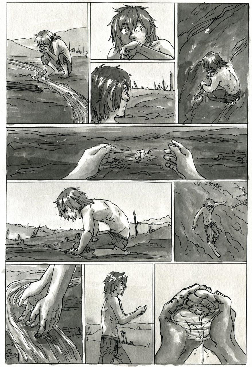 Multivalued comic page of a figure searching the dirt for a plant.