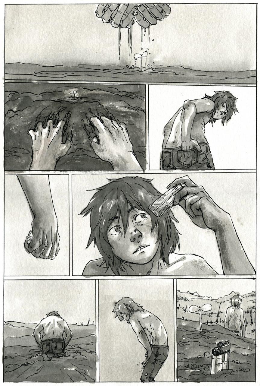 Multivalued comic page of a figure searching the dirt for a plant.