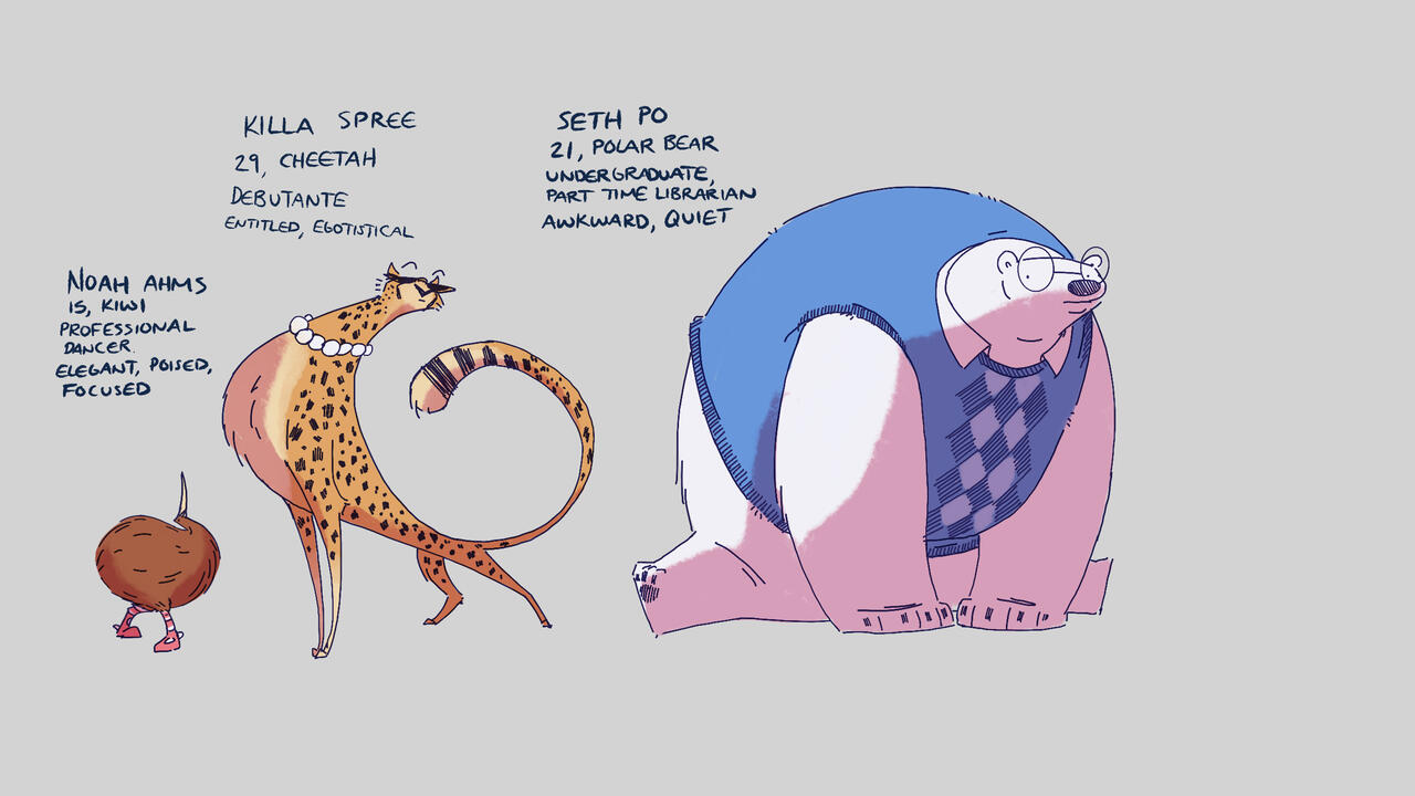 Animal character design of a kiwi, cheetah, and polar bear.