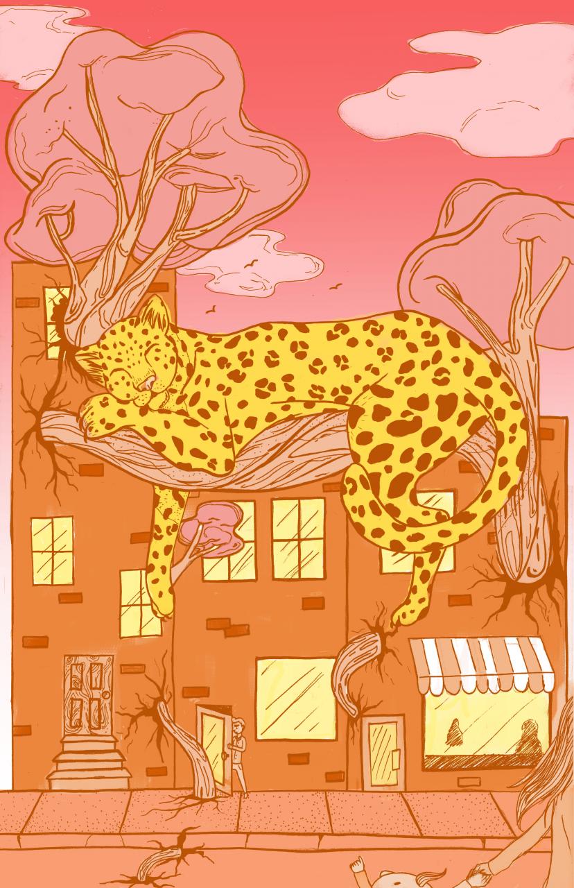 Illustration of a huge cheetah in the city