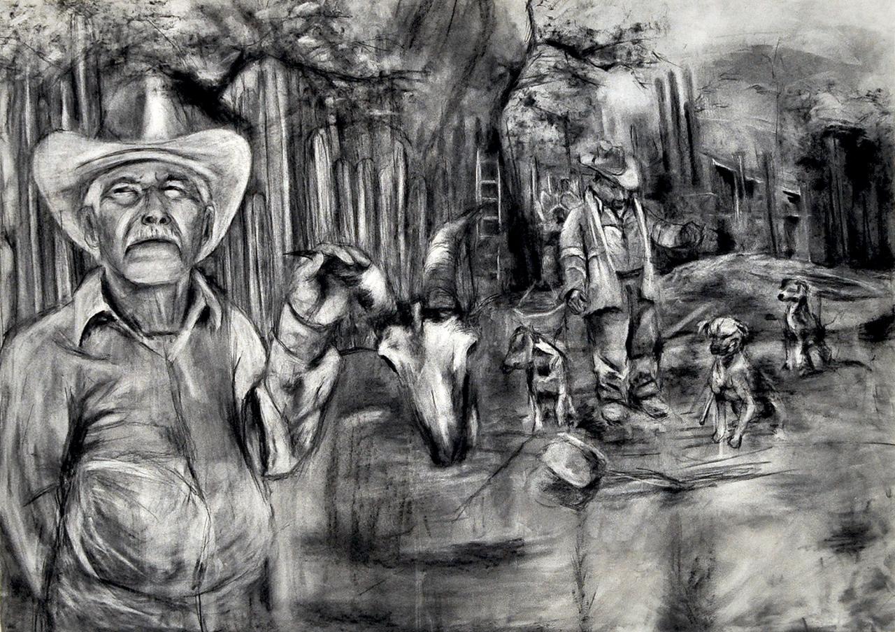 Charcoal drawing of humans and scene