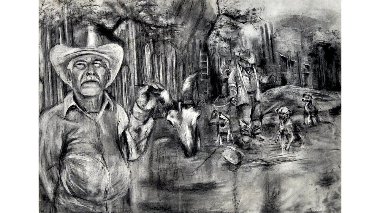 Charcoal drawing of humans and scene