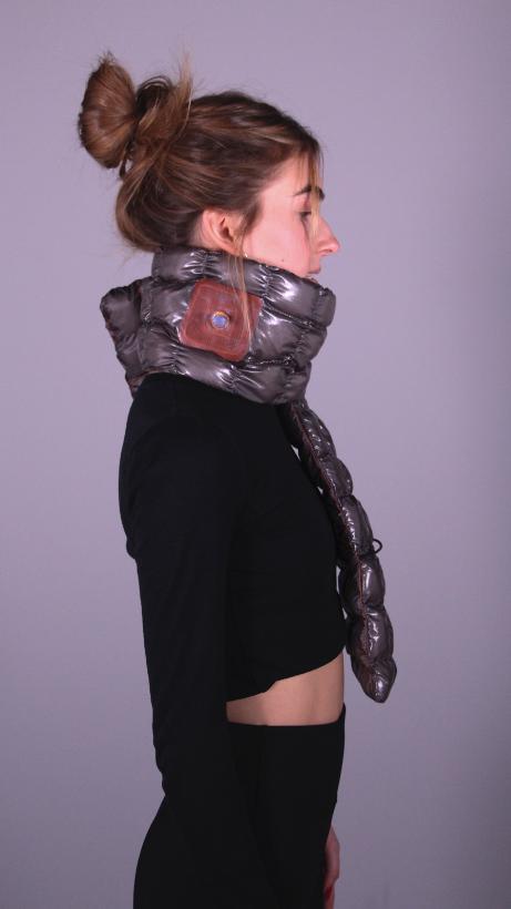 Model wearing an inflatable scarf product design.