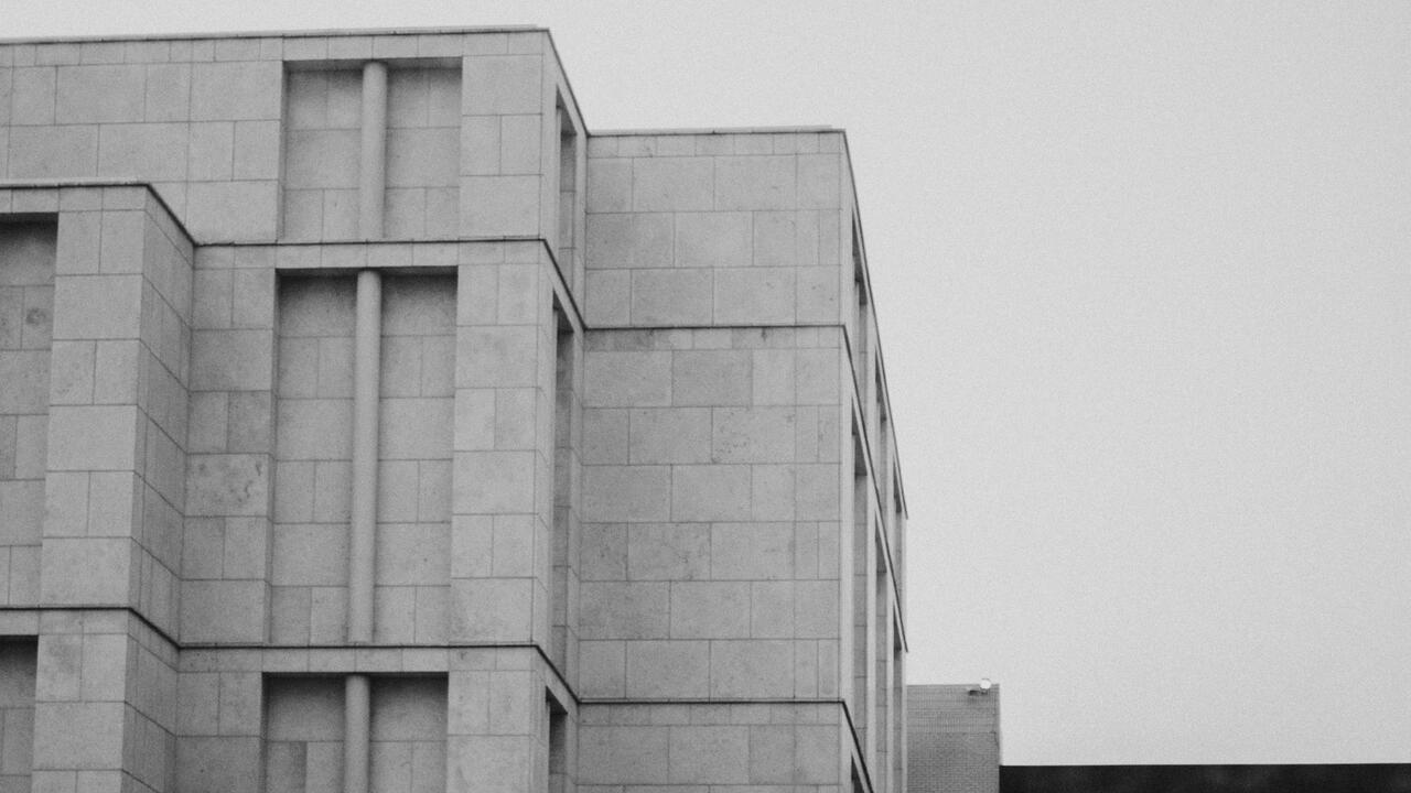Black and white photo of view of Mia from MCAD's backyard
