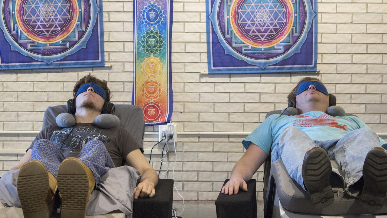 Students in massage chairs at MCAD Spa Day
