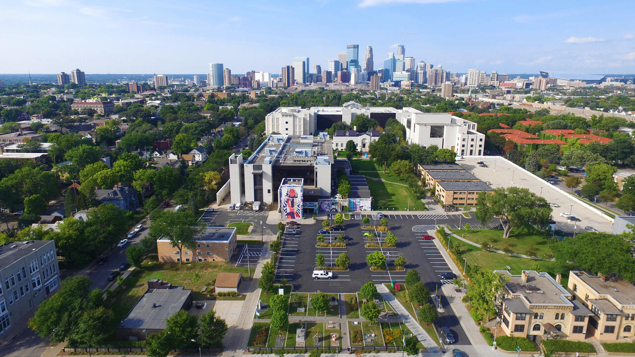 Aerial view of MCAD and Minneapolis skyline