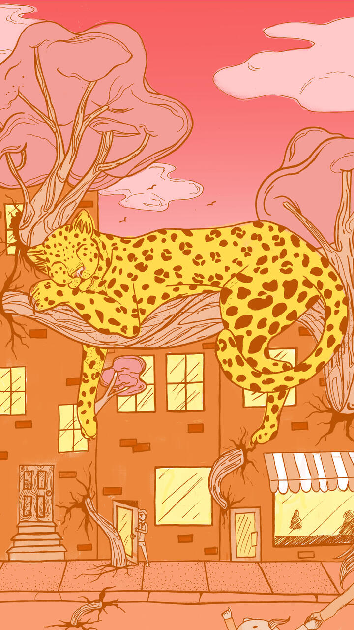 Illustration of a huge cheetah in the city