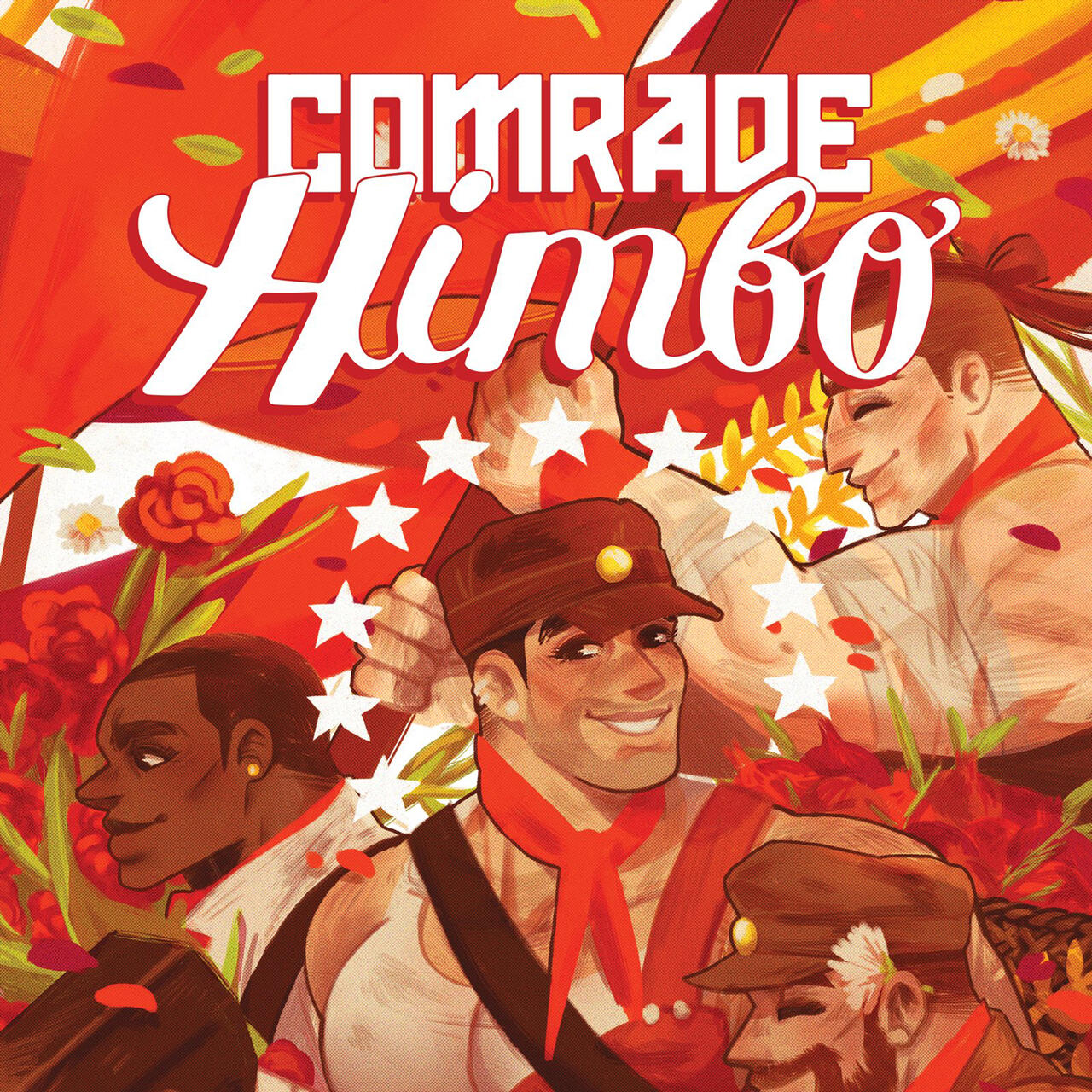 A digitally drawn piece of three men who are are smiling, the men are all fairly buff and are looking quite friendly.